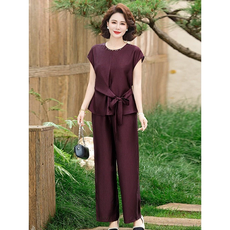 中老年妈妈系带宽松显瘦上衣阔腿裤两件套阔太太轻奢气质遮肉套装