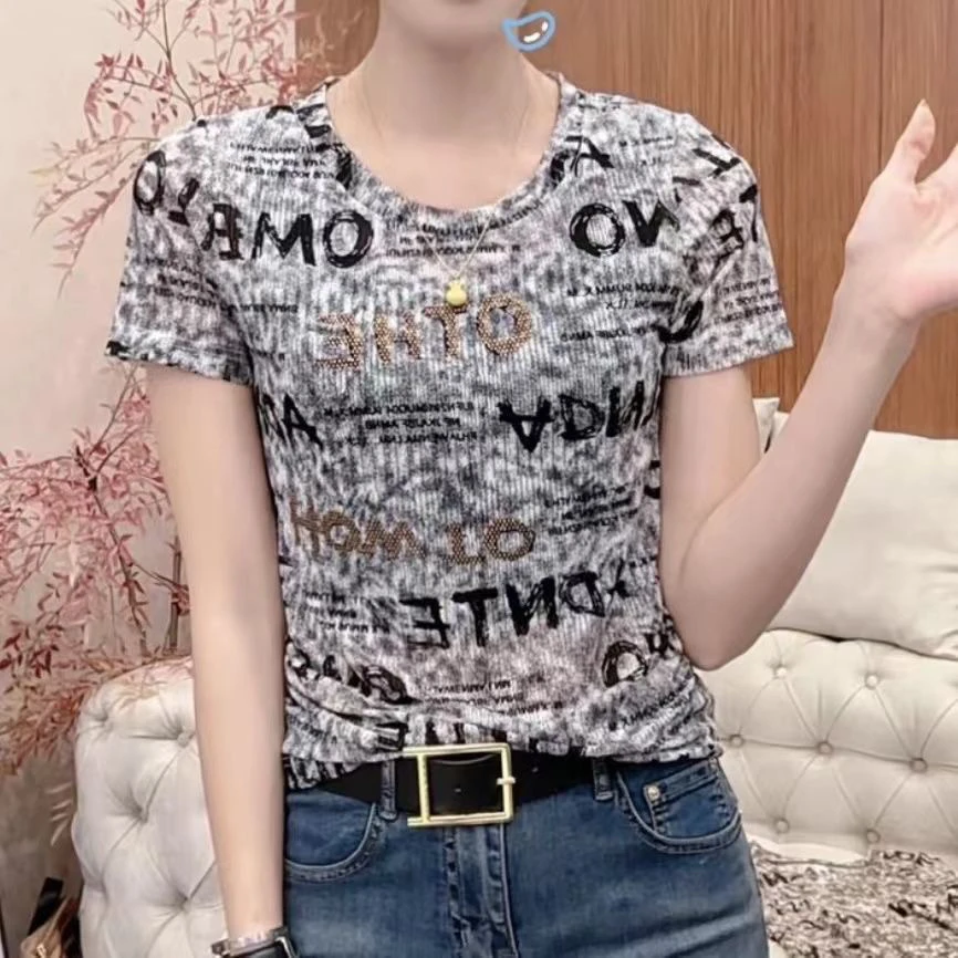 印花圆领夏季女式烫钻网纱T恤夏季修身百搭t恤时尚