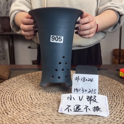 紫砂花盆微微瑕墨蓝色喇叭到手两只905