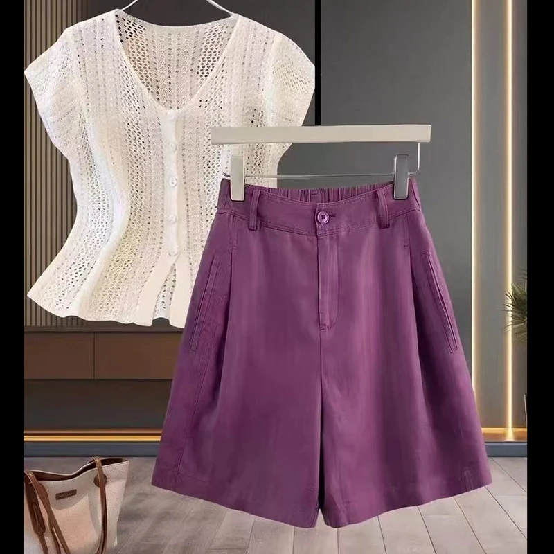 莱赛儿天丝亚麻五分裤夏季显瘦气质百搭简约高腰休闲短裤8035