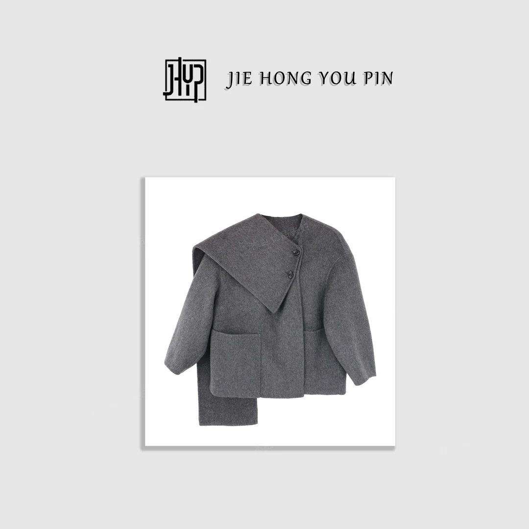 双排扣极简冬季加厚保暖羊毛大衣带围巾226138