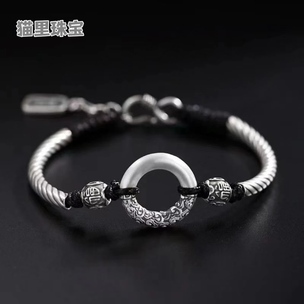 足银手链 足银999平安扣手链男女款复古风高级感手绳平安坠子做旧