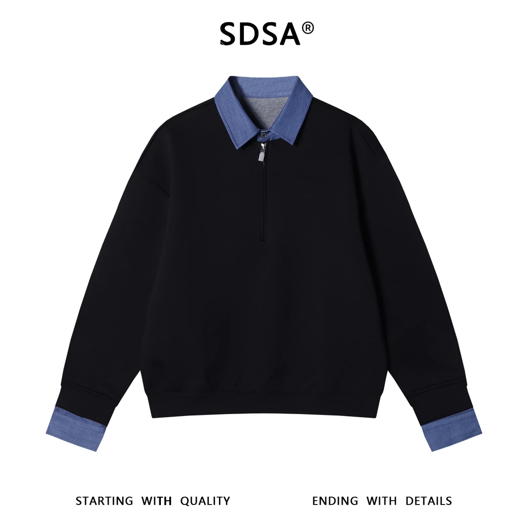 SDSA男士秋冬新款痞帅男装韩版撞色半拉链翻领假两件卫衣简约百搭