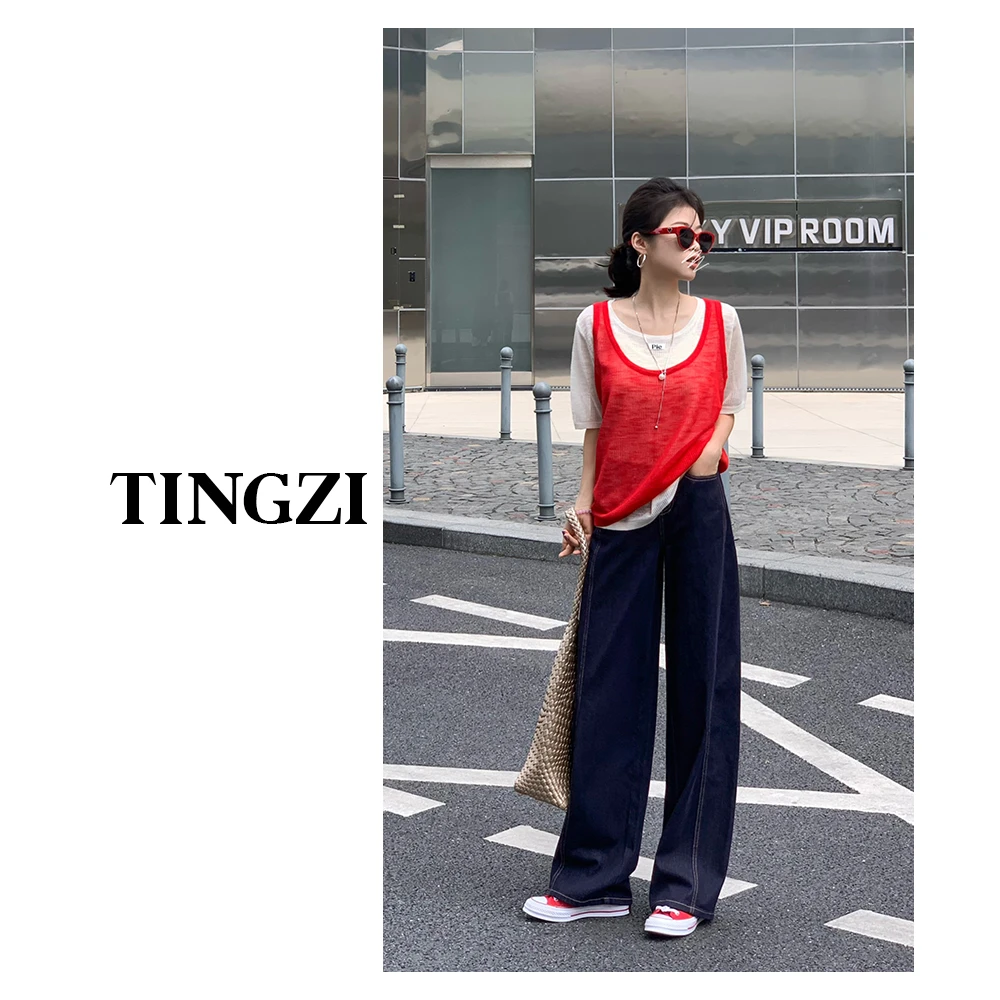 TingZi夏季新款丹宁色阔腿牛仔裤显瘦高腰直筒复古宽松时尚设计感