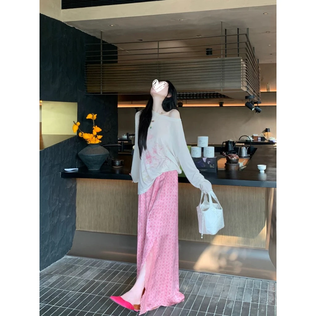 【现货】国风新中式圆领印花长袖T恤女上衣+拼接开叉休闲长裤Q102