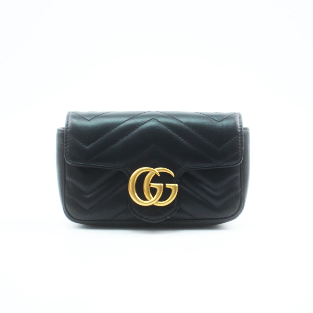 95新 GUCCI/古驰 81248B 黑色GG marmont supermini单肩斜挎包