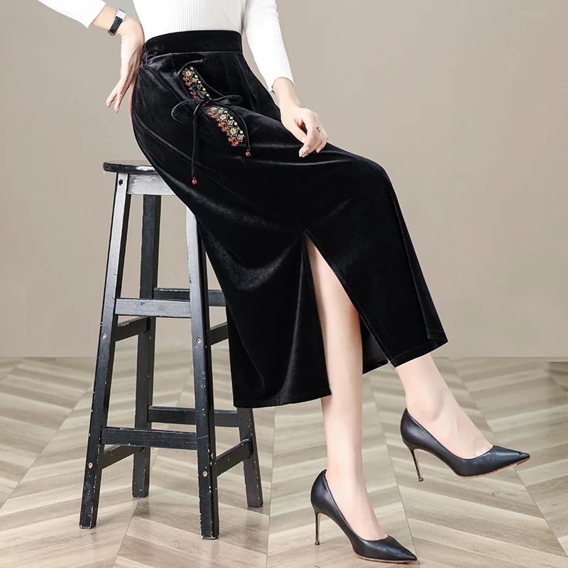 新款时尚妈妈装国风丝绒半身裙高贵上档次妈妈装大码裙子女春秋装