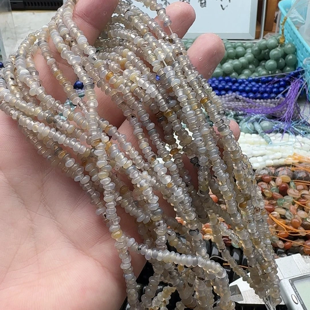 玛瑙/玉髓未镶嵌珠宝半成品三条装卡4mm烟灰玛瑙算盘珠