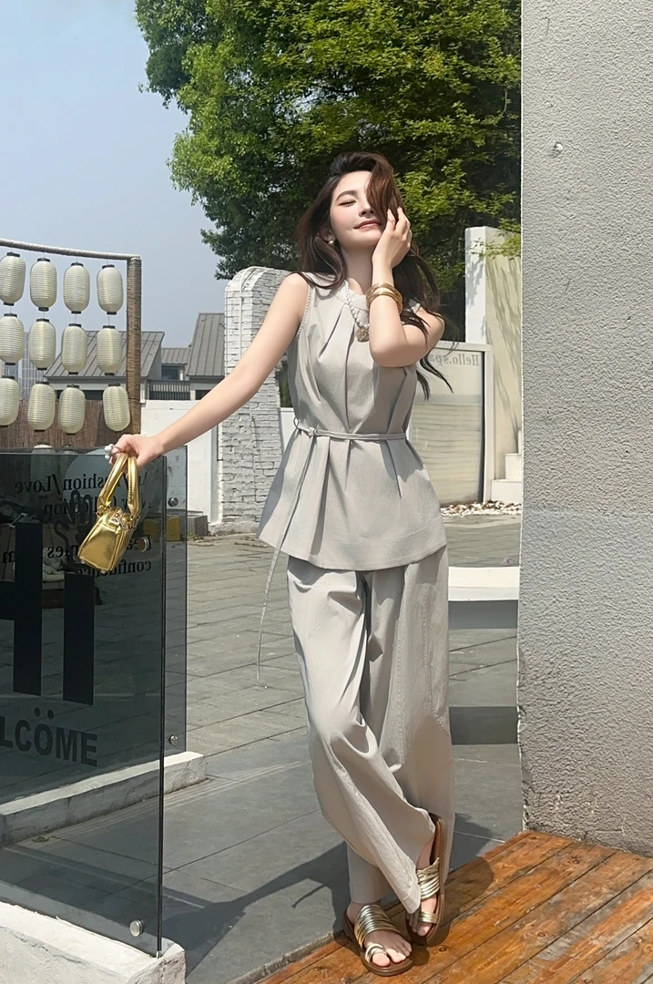 慵懒风瑞丽风休闲风时尚套装阔腿裤女夏季高腰小众收腰气质两件套