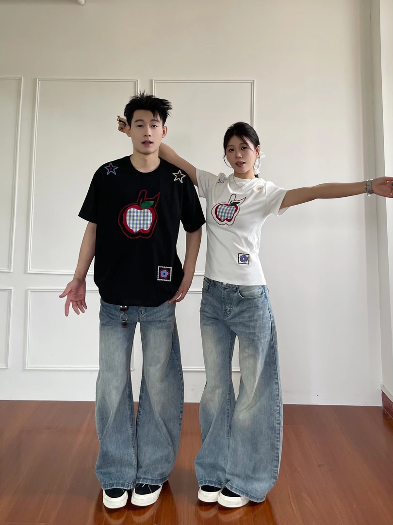 YYMDG美式复古格纹小苹果短袖T恤男女夏季上衣情侣半袖一长一短