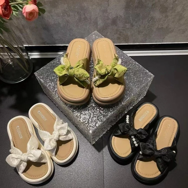 外穿凉拖鞋软底厚款防滑仙女风一字拖2025夏季珍珠一字拖鞋彩色