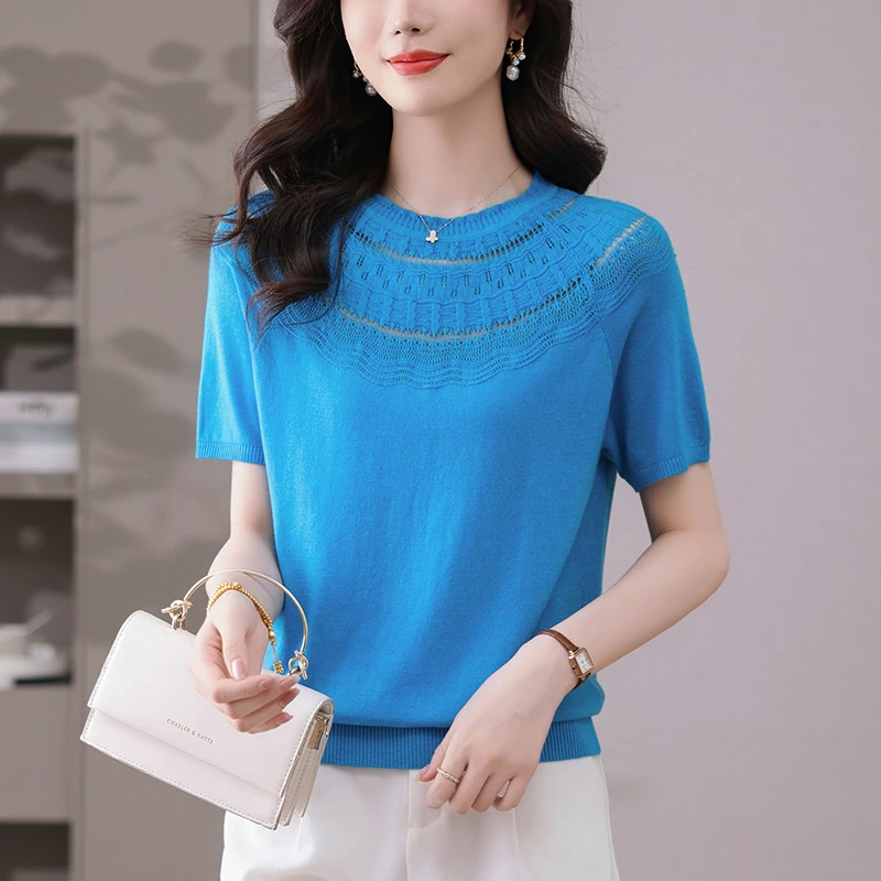 时尚冰丝针织T恤女2025夏季新款韩系设计感宽松显瘦上衣洋气小衫
