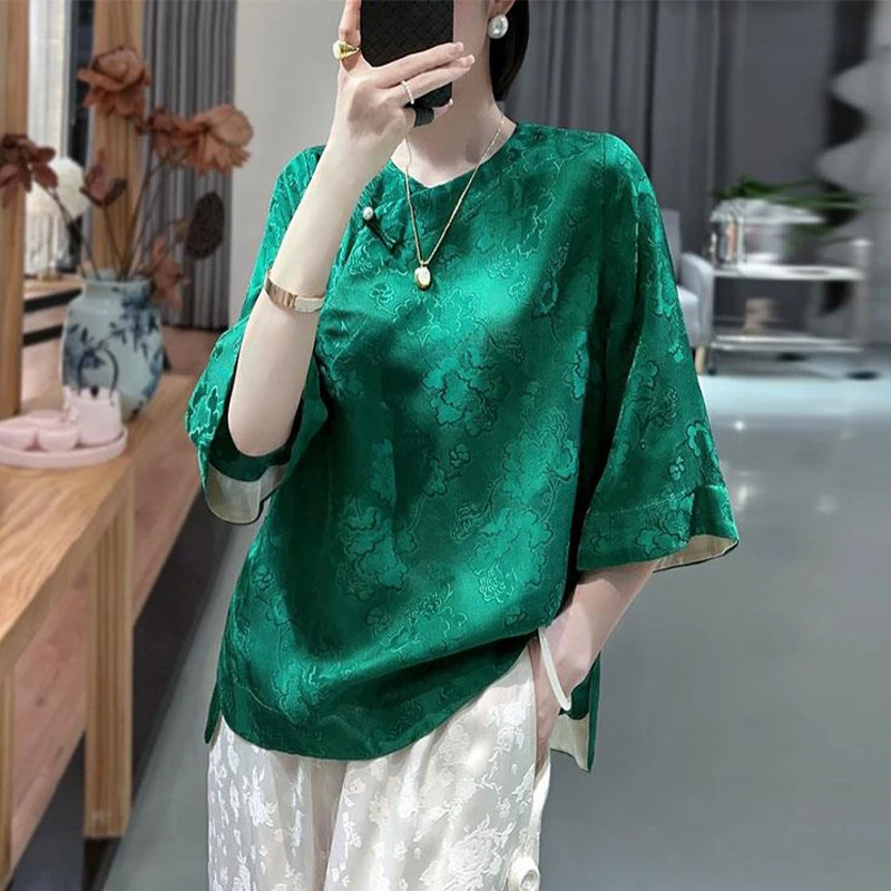 桑蚕丝国风绿色真丝提花上衣女装夏季新款唐装桑蚕丝衬衫新中式盘