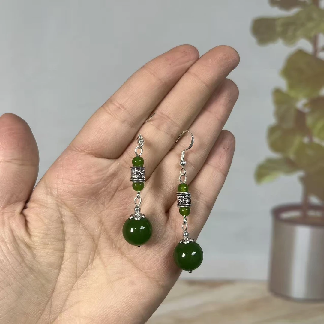 和田玉s925长珠圆珠耳钩