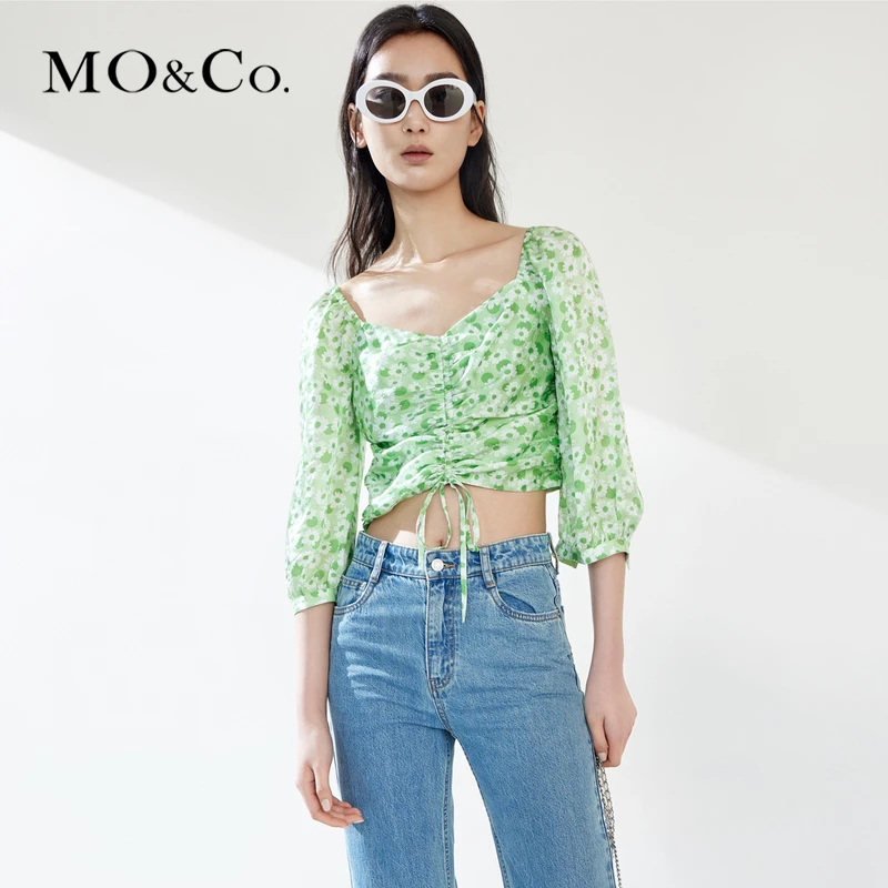 【赵老板专属】MOCO夏季桑蚕丝混纺碎花方领抽绳短款MBB2TOP028