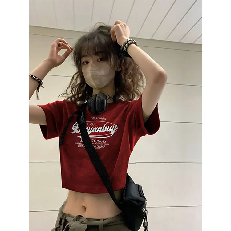 洋气减龄酒红色纯棉正肩短袖T恤女夏季新款辣妹修身显瘦短款上衣