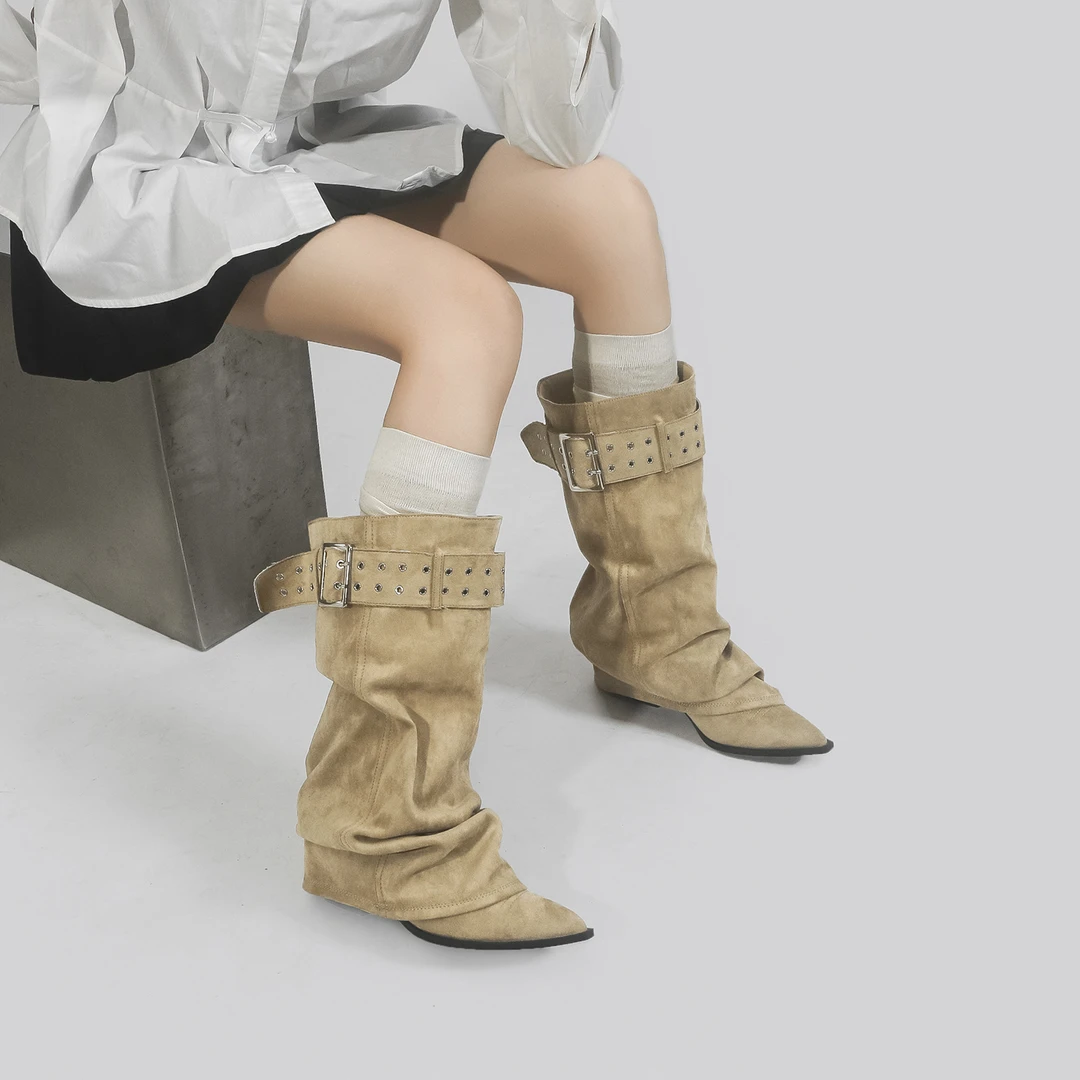 林向晚游牧少女~ 西部牛仔靴女不过膝长靴金属风皮带扣褶皱堆堆靴