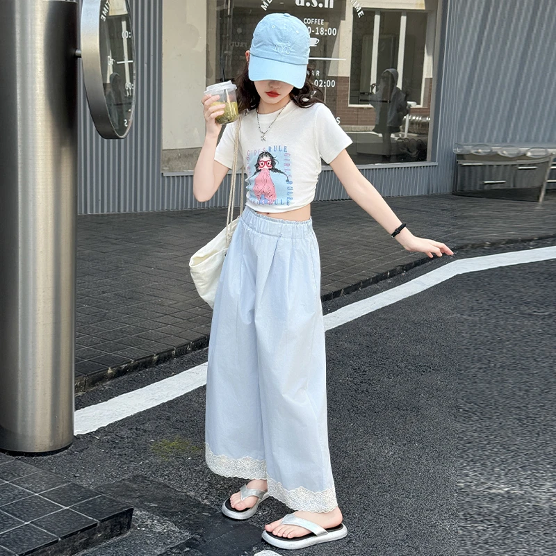 女童夏天套装6-12岁潮款高级感儿童装中大童夏季花边阔腿裤两件套