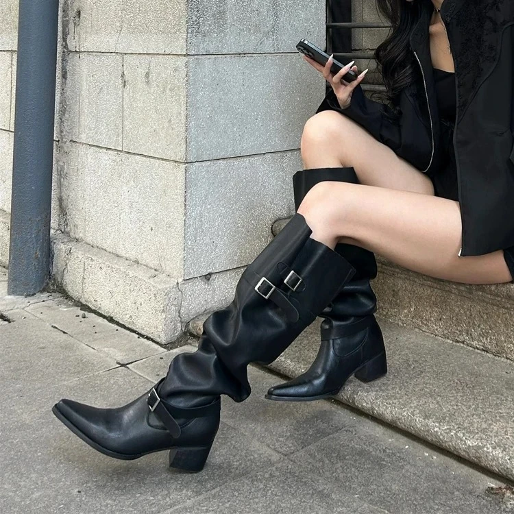 美拉德堆堆靴女长靴2025秋冬新款尖头粗跟两穿皮带扣骑士靴高筒靴
