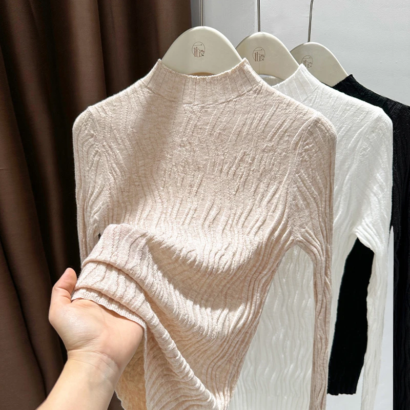 2025新款正肩修身针织打底上衣女杏色套头立领长袖春季内搭针织衫