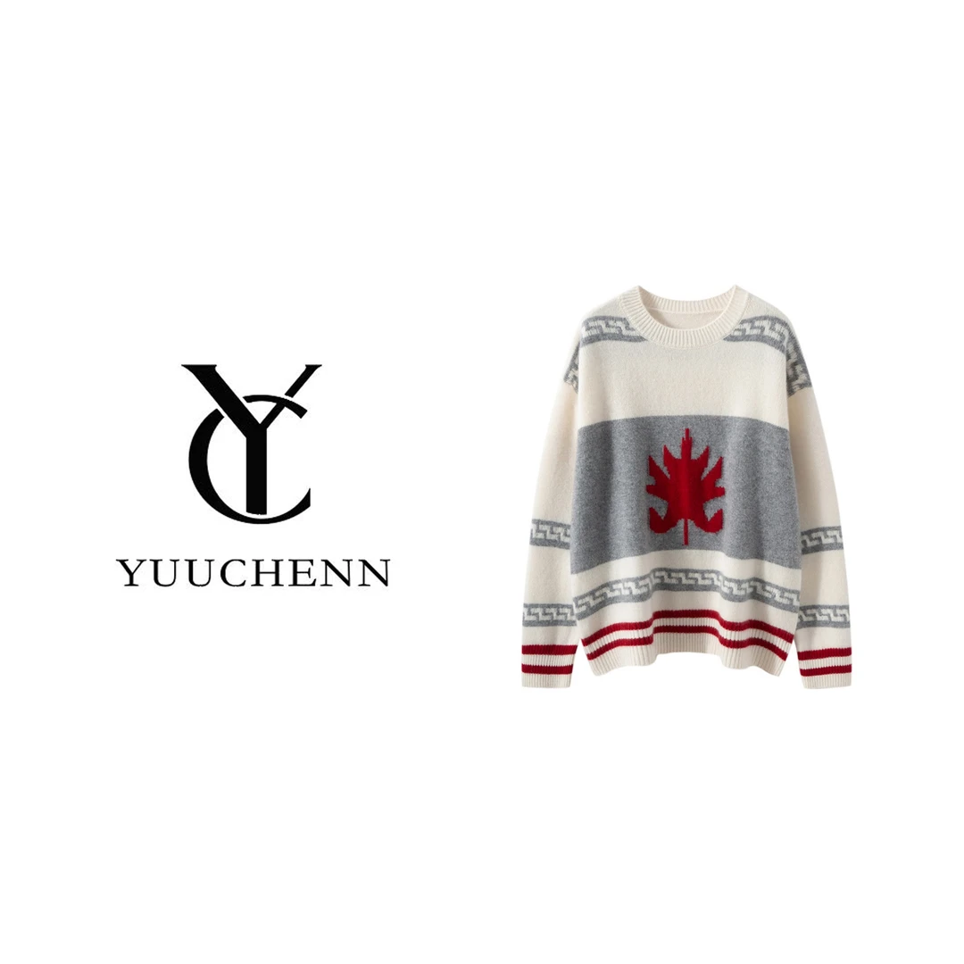 YUUCHENN羊绒重工枫叶提花圆领5095