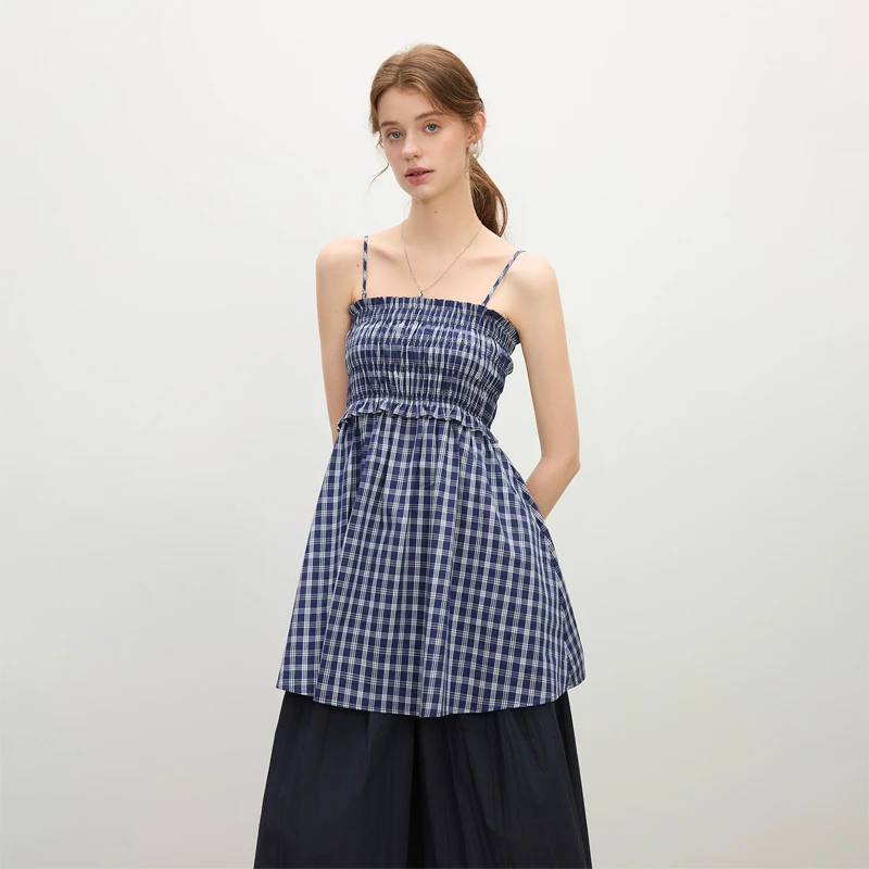 范思蓝恩抹胸伞状打揽女2025夏新款经典藏青格纹连衣裙25FS12520