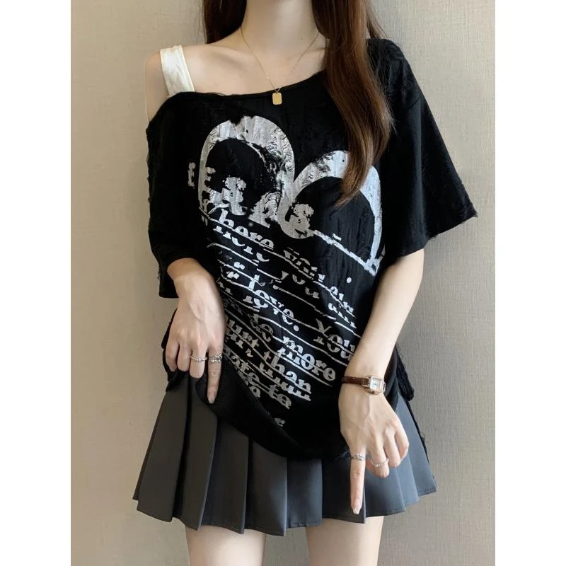 个性独特单肩斜肩露肩短袖T恤女2025夏季大码胖mm不规则抽绳上衣