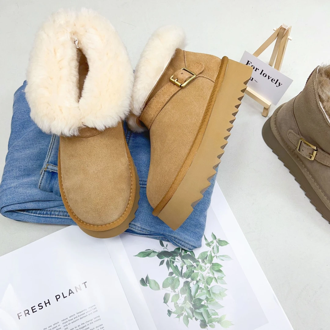 【洋洋美鞋】新版绑带洋气两穿保暖真皮雪地靴百搭东北冬季中筒靴子