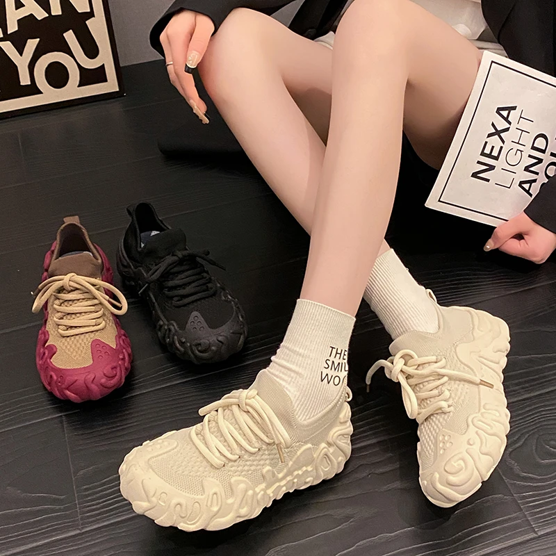 贾不假运动鞋女2025春季新款潮流复古时尚轻便厚底舒适针织休闲鞋