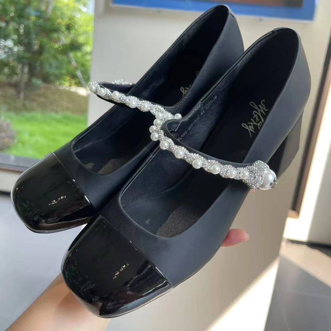 韩系单鞋小香风粗中跟搭配珍珠链条