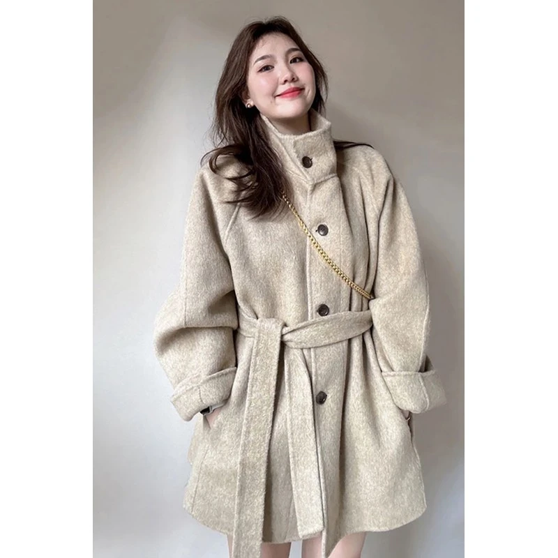 秋冬中长款双面绒毛呢外套女名媛爆款立领小个子短款呢子大衣
