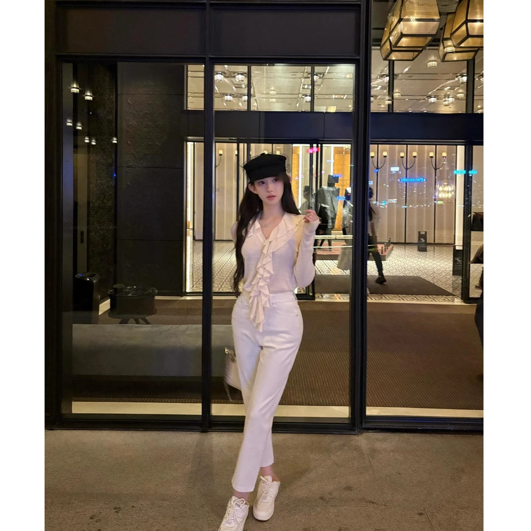 【花边欧蕾】2025秋季甜系可拆卸花边软糯针织开衫上衣配裤子套装女