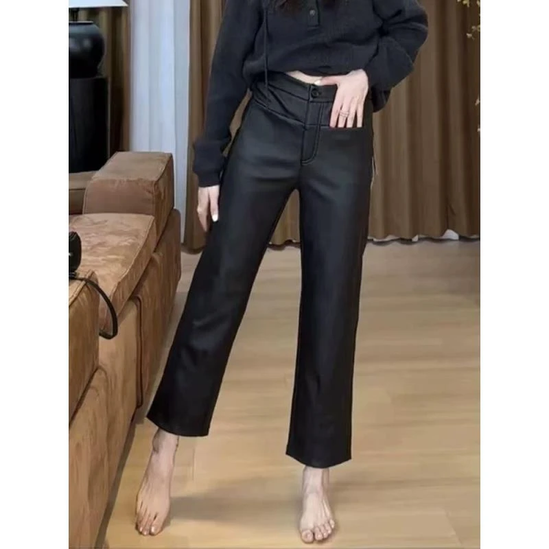 海宁正品皮裤女高级新款显瘦显腿长窄版直筒法棍裤烟管九分038