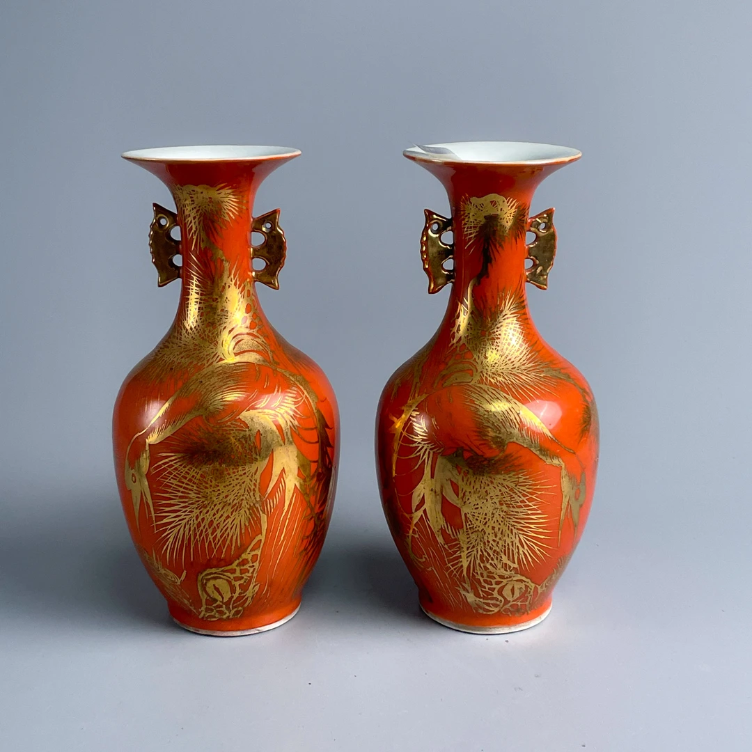 瓷器/古董民国矾红描金松鹤延年双耳对瓶M25AH001899/文物/绣花张