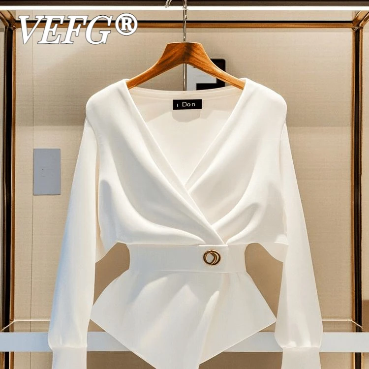 VEFG初秋穿搭轻奢高级感气质上衣时尚洋气时髦设计感白色长袖衬衫