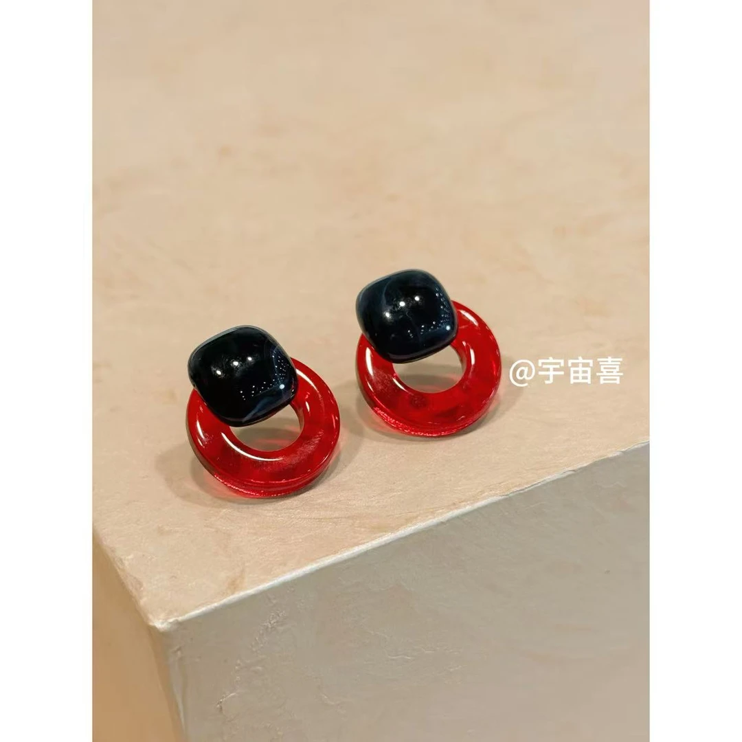 铜合金亚克力耳饰 I3-122【湛蓝色撞红色方圆醋酸耳钉】