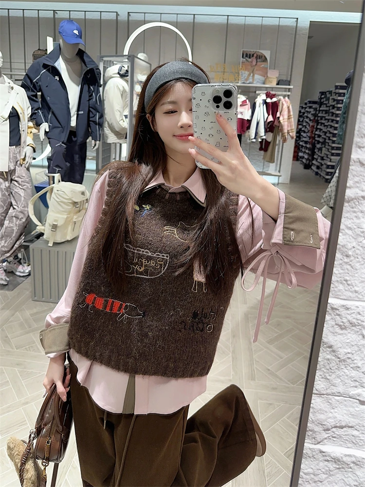 时尚套装撞色POLO领衬衫叠穿马甲背心女装春季休闲裤学院风三件套