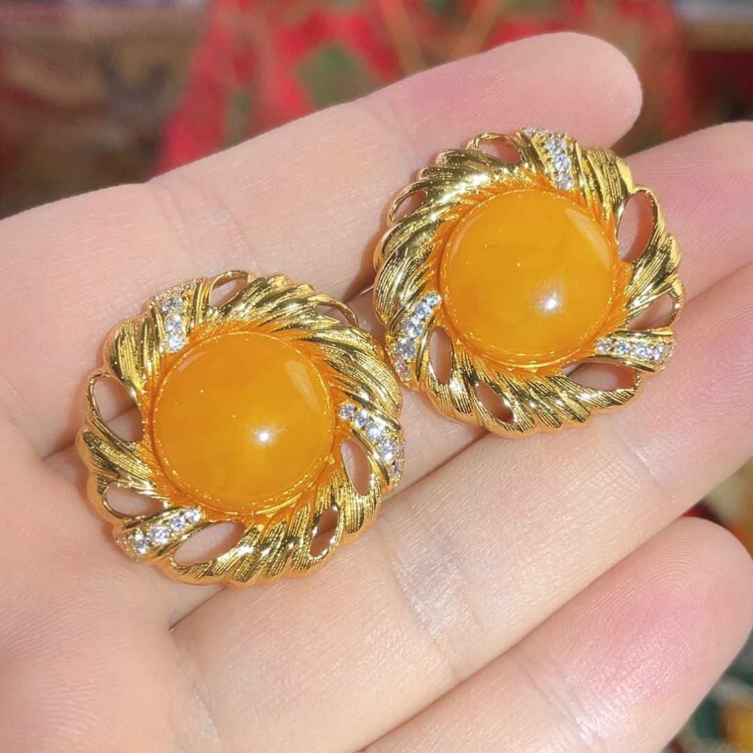 蜜蜡耳钉银S925镀金镶嵌