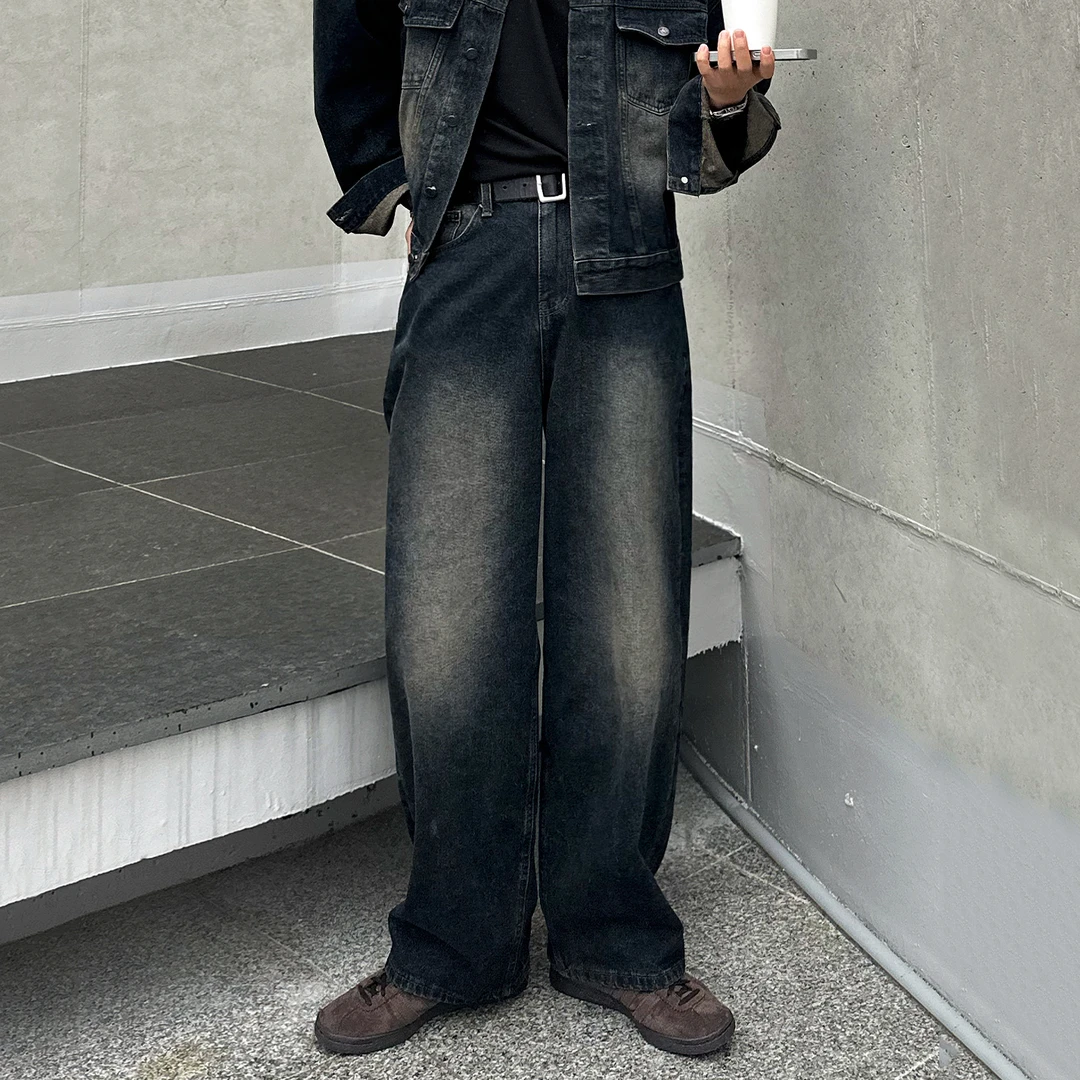 MRCYC复古做旧阔腿牛仔裤男士春秋宽松牛仔夹克韩系通勤时尚套装