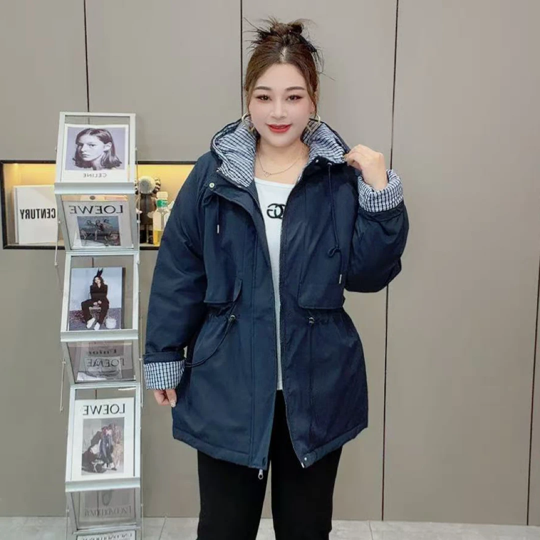 【二棉款】冬季洋气连帽二棉格袖显瘦抽绳保暖百搭大码女装棉服