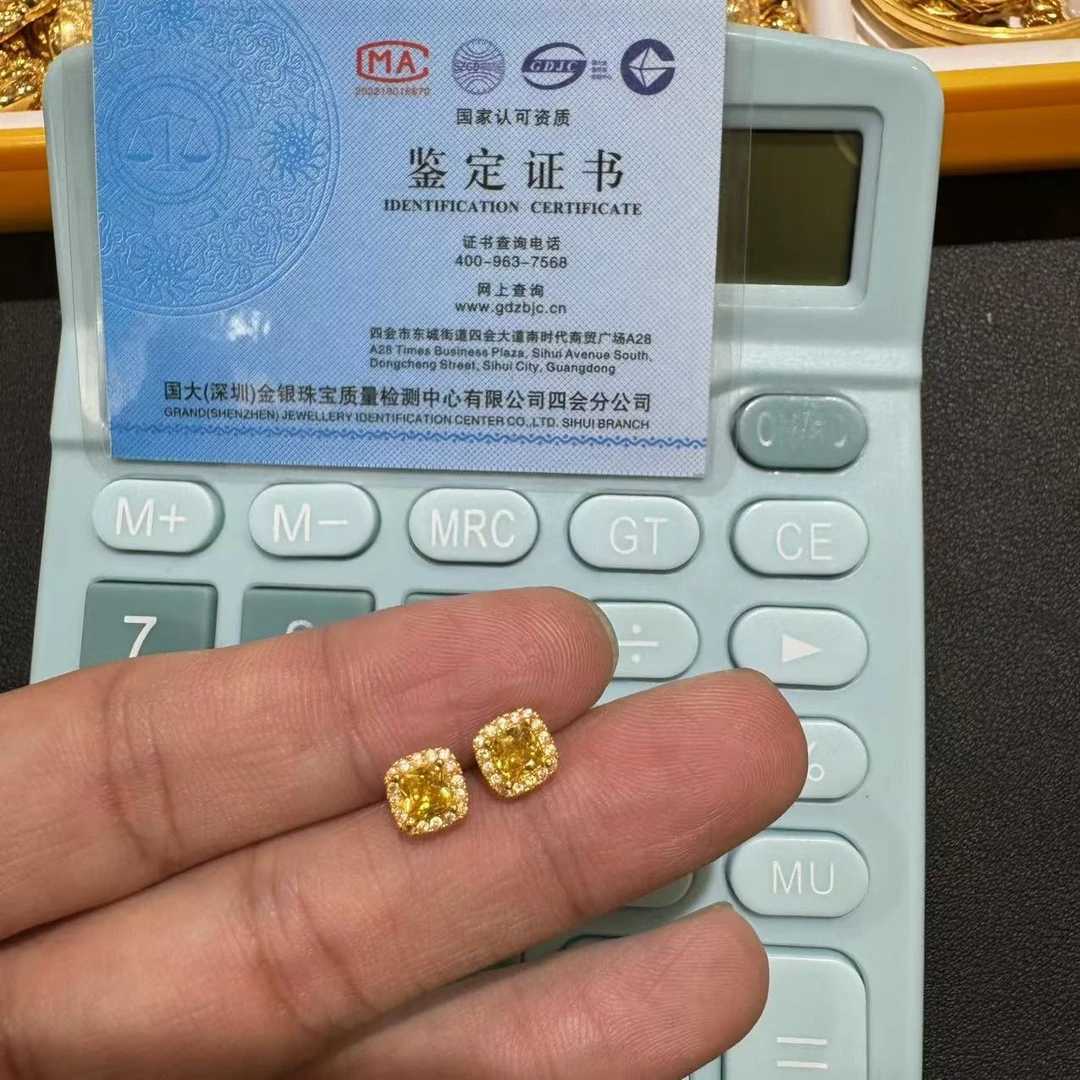 【伟少】小方糖爆闪足 金999镶嵌黄水晶耳钉（配耳堵）HJ036-2