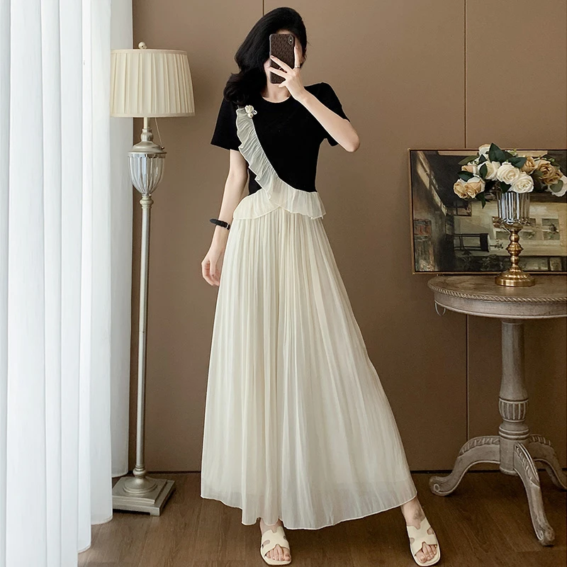 超火时尚休闲套装女夏修身显瘦高端设计感荷叶边短袖飘逸阔腿裙裤