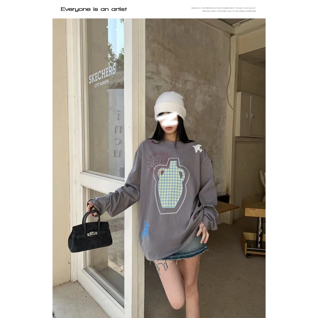 61668贴布绣圆领T上衣设计宽松百搭夏款