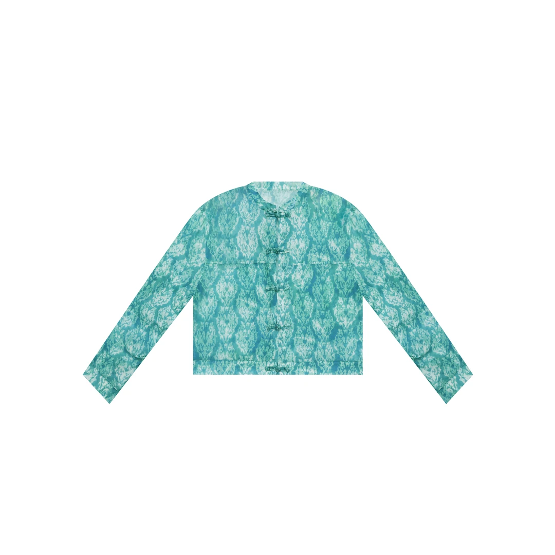 【麻訪家】MF0889蓝绿花文艺简约盘扣百搭长袖开衫上衣