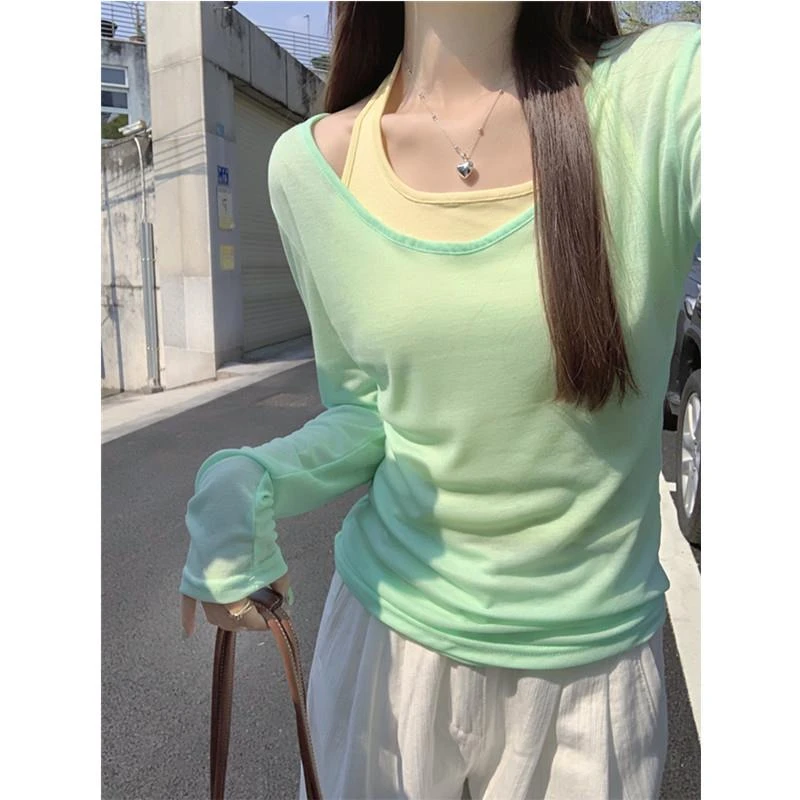 V背心领薄荷防晒女装T恤绿小微透吊带两件套短款显瘦夏季上衣清新