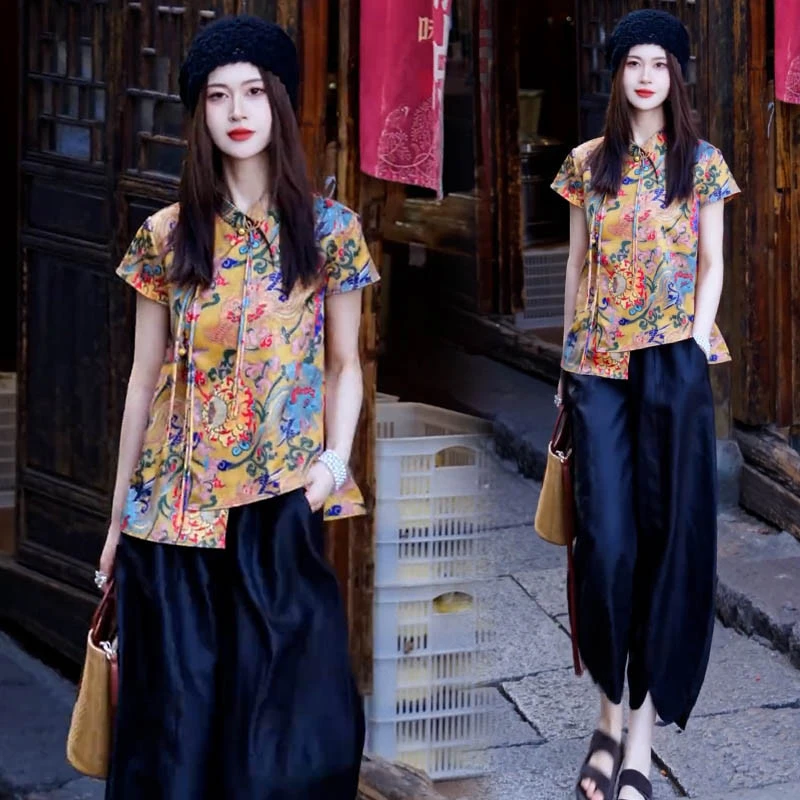 新中式时尚气质套装女2025夏季新款洋气盘扣国风衬衫阔腿裤两件套