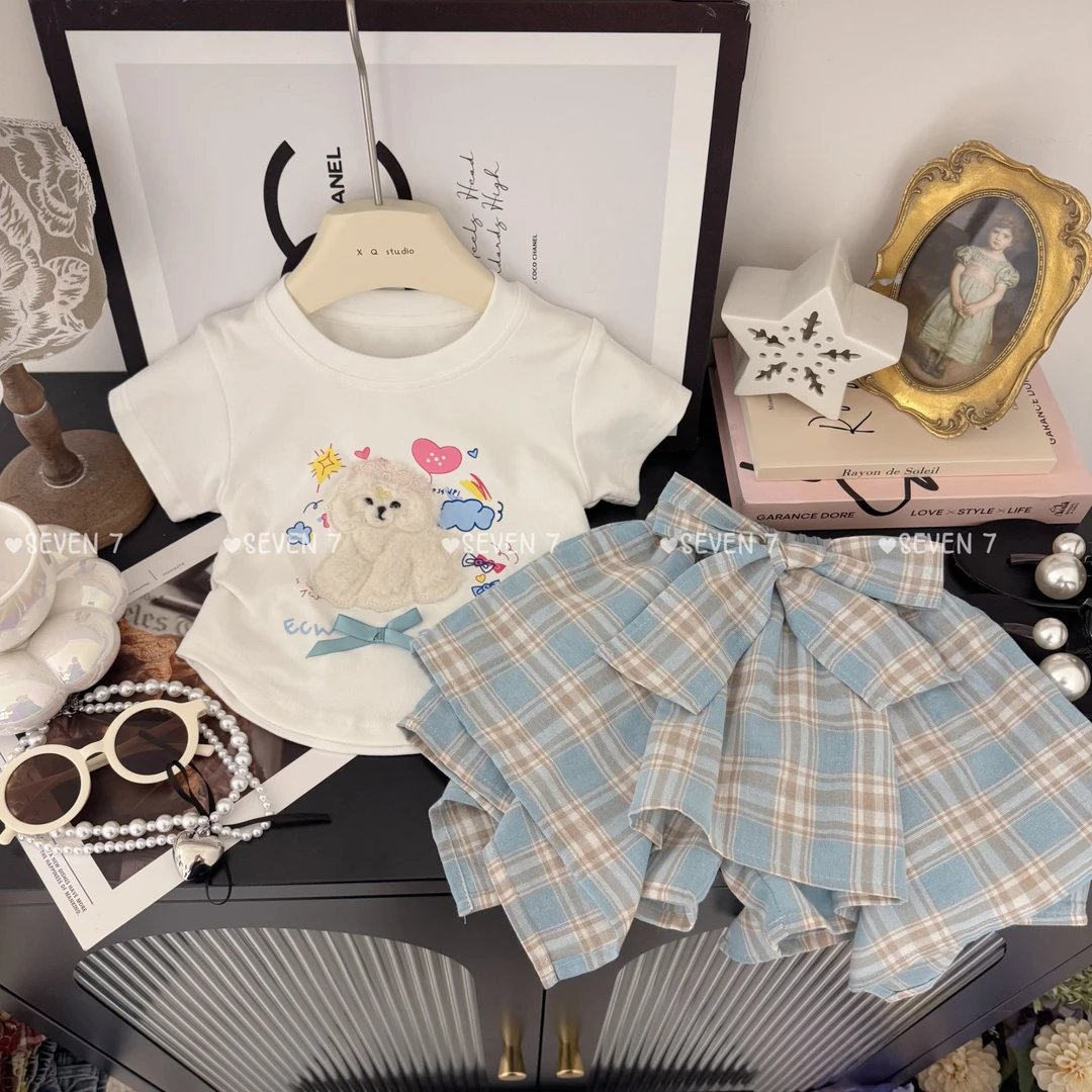 女童2025夏季新款洋气卡通短袖上衣格子裙两件套C23218