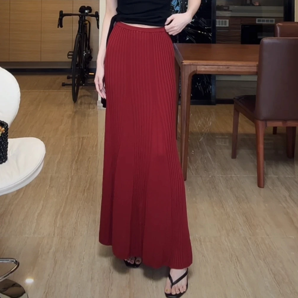 2025春夏款薄款针织半身裙显瘦气质高腰时尚百搭夏季红色