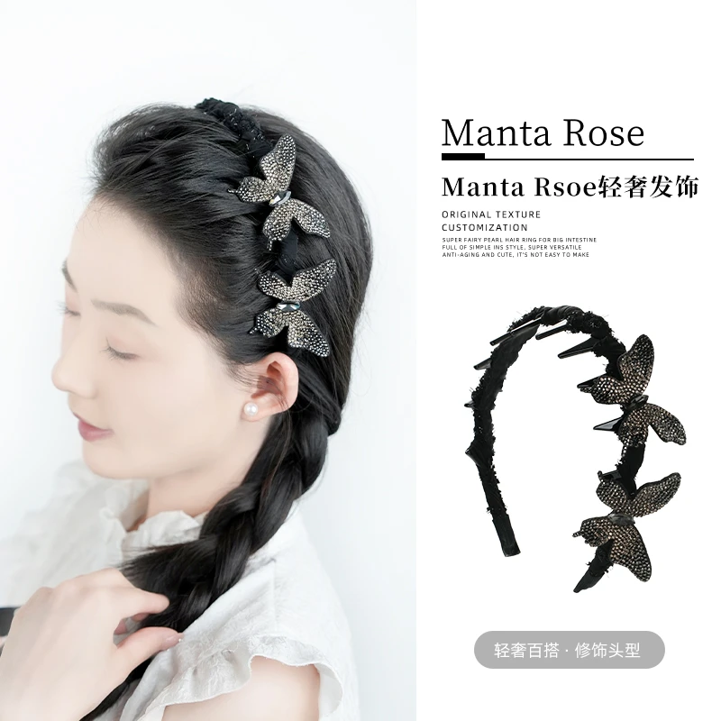 头包脸优雅造型仙女感双蝴蝶结发箍可爱带齿黑色复古韩版网红头箍