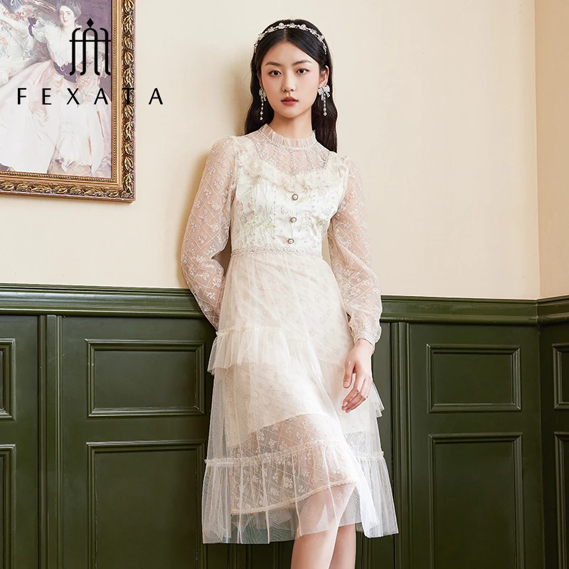 【高高甄选】FEXATA斐格思中长款蕾丝裙子仙气网纱连衣裙F33T01